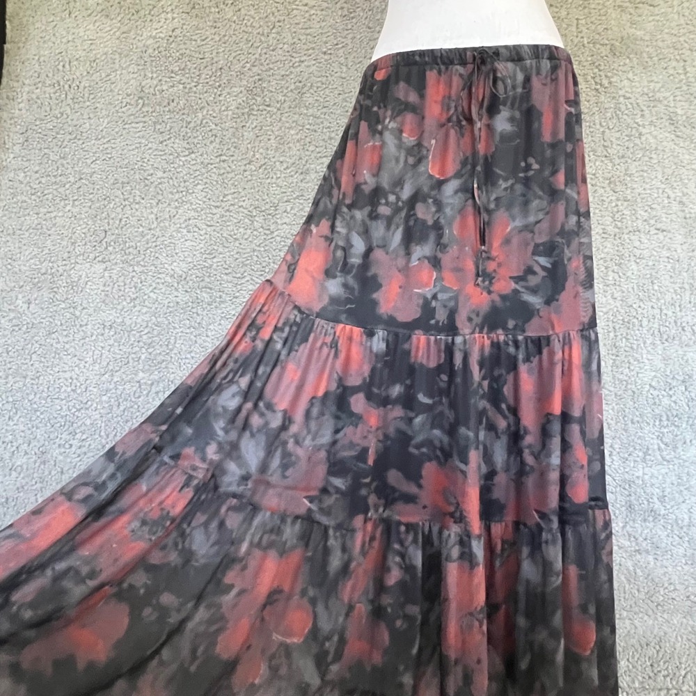 Dark Floral Mesh Tiered Maxi Skirt Size L Romantic Whimsigoth Black Red